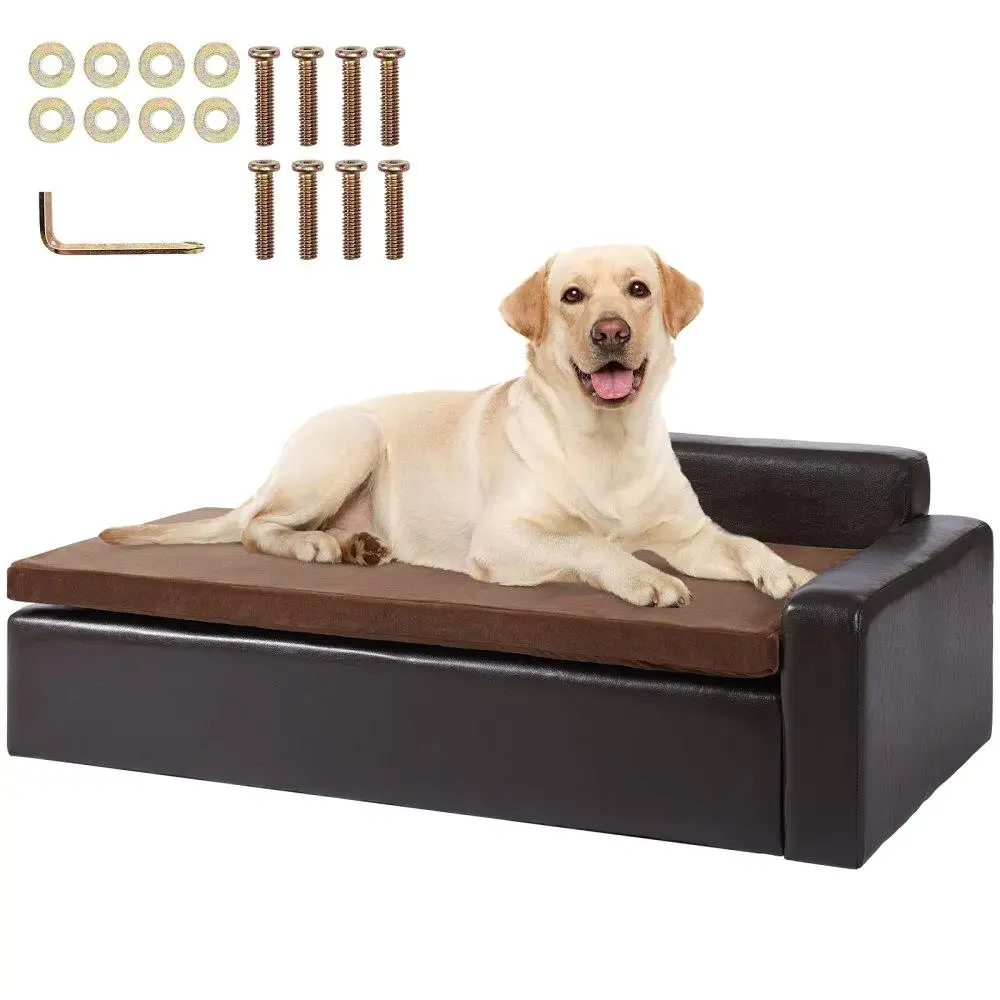 Durable Dog Sofa for large Dogs & Cats Soft Leather Dog Sofa Bed Up to 110 lbs Weight Capacity Black
